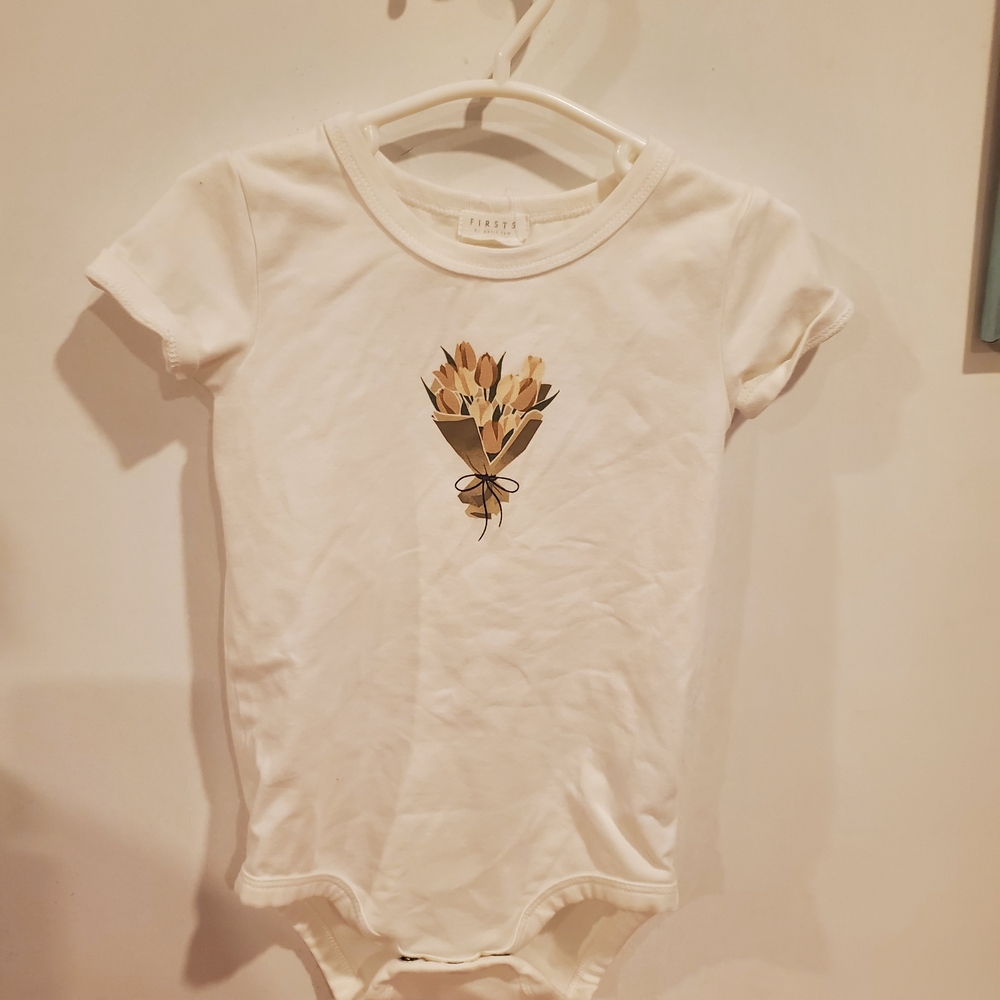 Petit Lem Firsts 18 Month Cream Baby Onesie with Floral Design